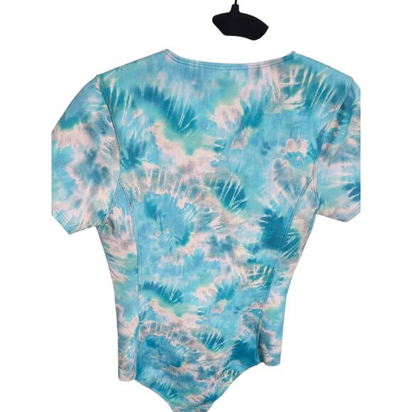 Calme Johnny Was Neoprene Swimsuit Front Zip Short Sleeve Tie Dye Blue Small NEW - Picture 7 of 9